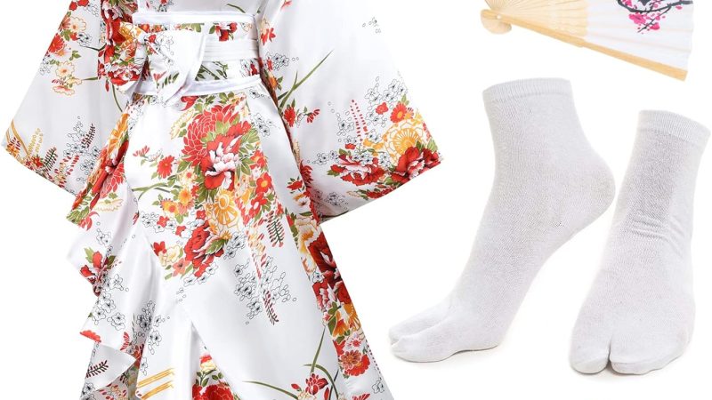 Elibelle Women’s Kimono Robe Geisha Yukata Sweet Tuxedo Ruffle Dress Blossom Satin Bathrobe Sleepwear Fans Tabi Socks Set – A Luxurious and Versatile Addition to Your Wardrobe