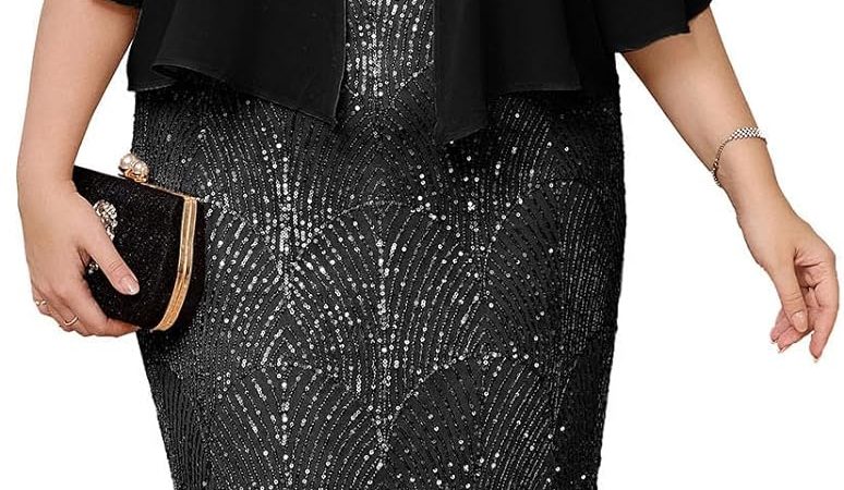 Shine Bright in the Hanna Nikole Womens Plus-Size-Formal-Dress: A Stunning Mother of The Bride Sequins Evening Party Dress with Chiffon Jacket